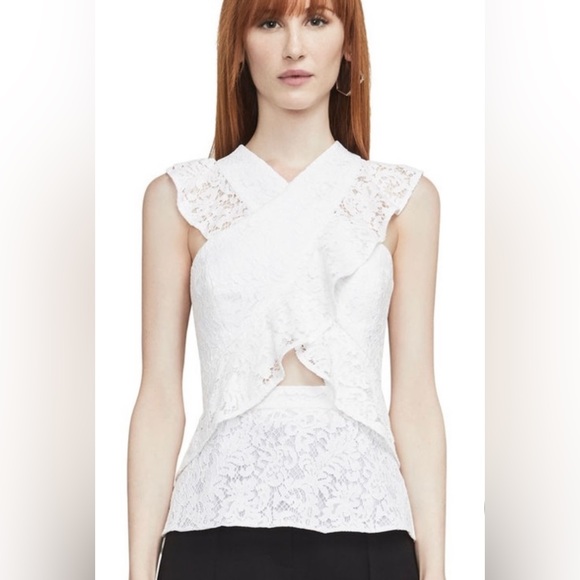 BCBG White Lace Criss Cross Cut Out Ruffle Top size XS - Picture 9 of 10